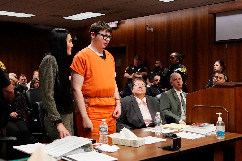 Ethan Crumbly stands and addresses the court before being sentenced, Friday, Dec. 8, 2023.