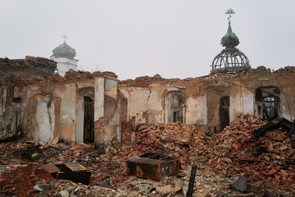 A Ukrainian church destroyed in the flighting. Ukrainian troops have been rationing ammunition as supplies dwindle