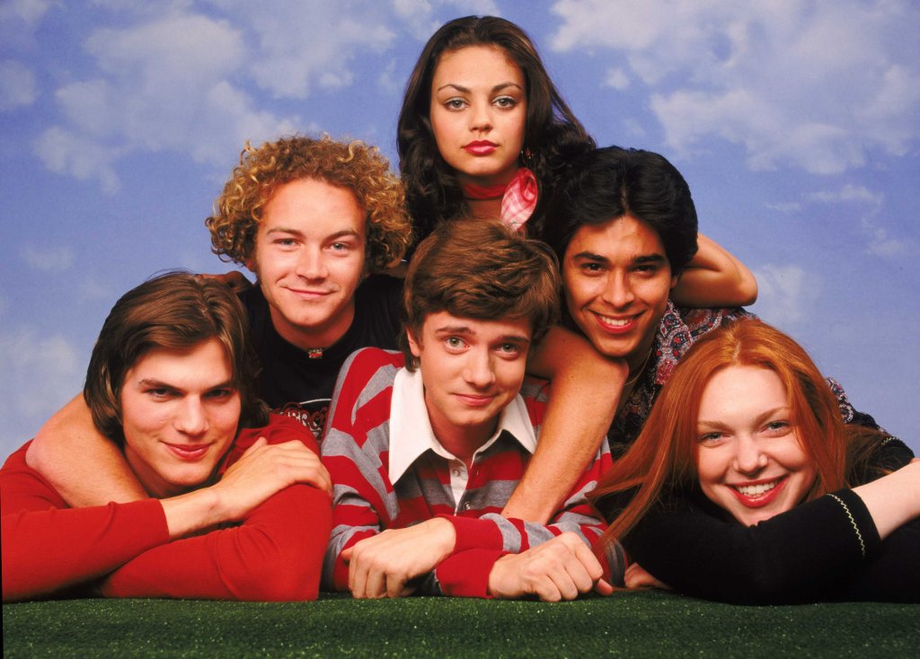 The cast of "That 70s Show" (L-R): Ashton Kutcher, Masterson, Mila Kunis, Wilmer Valderrama, Laura Prepon, Topher Grace.