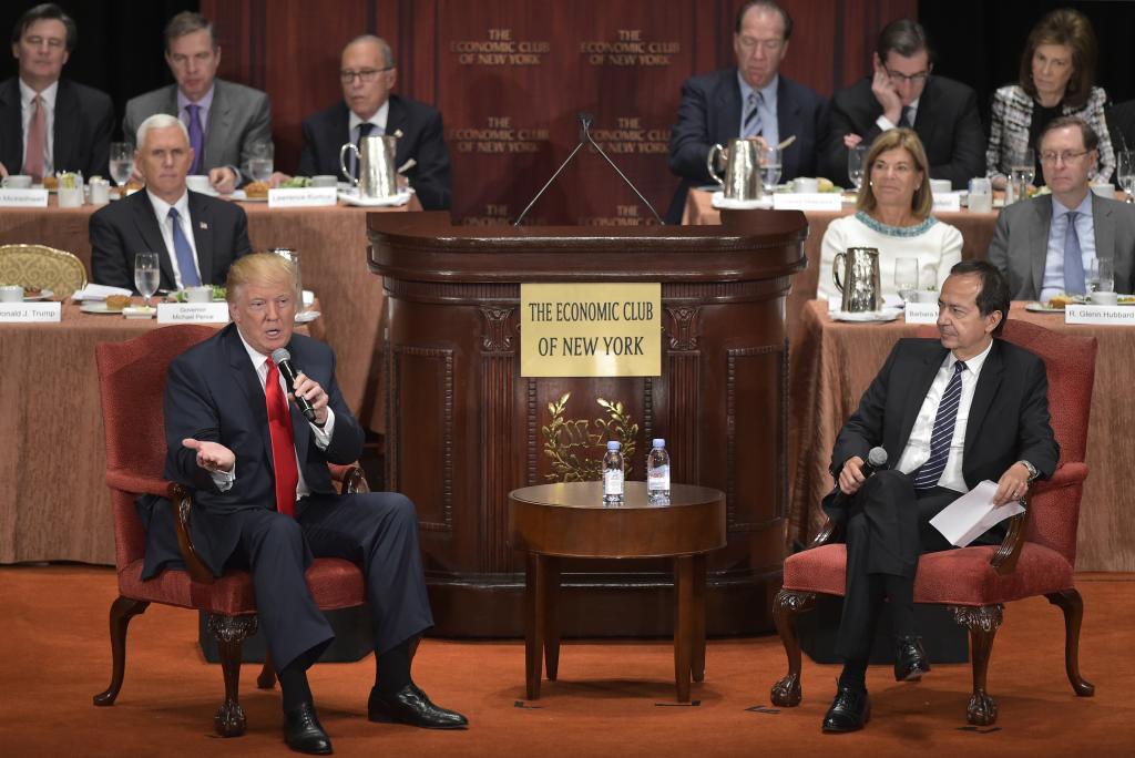 Donald Trump speaks during an Economic Club of New York event at the Waldorf Astoria hotel in New York with financier John Paulson on Sep 15, 2016.