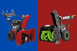 Two snow blowers on a red and blue background.