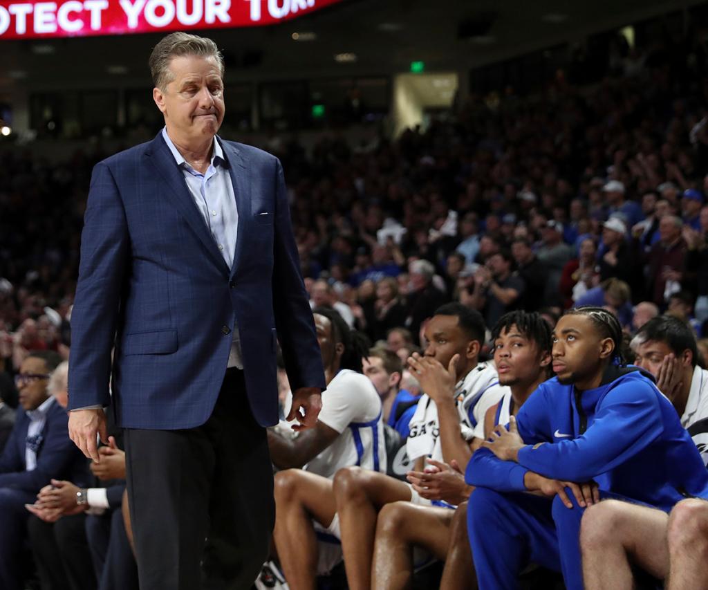 Kentucky head coach John Calipari walks to the end of the bench during the second half of an NCAA college basketball game against South Carolina Tuesday, Jan. 23, 2024, in Columbia, S.C. 