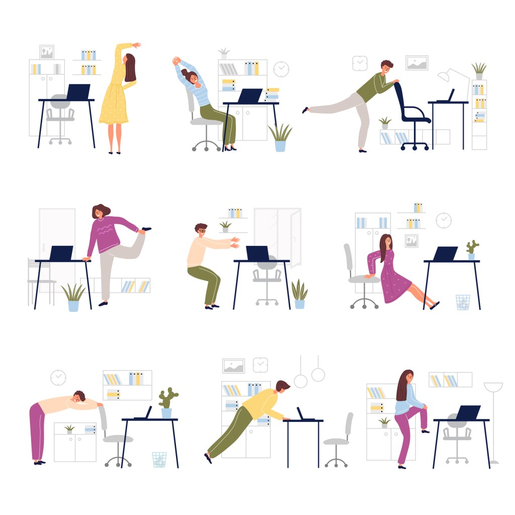 Cartoon drawing of people stretching in an office