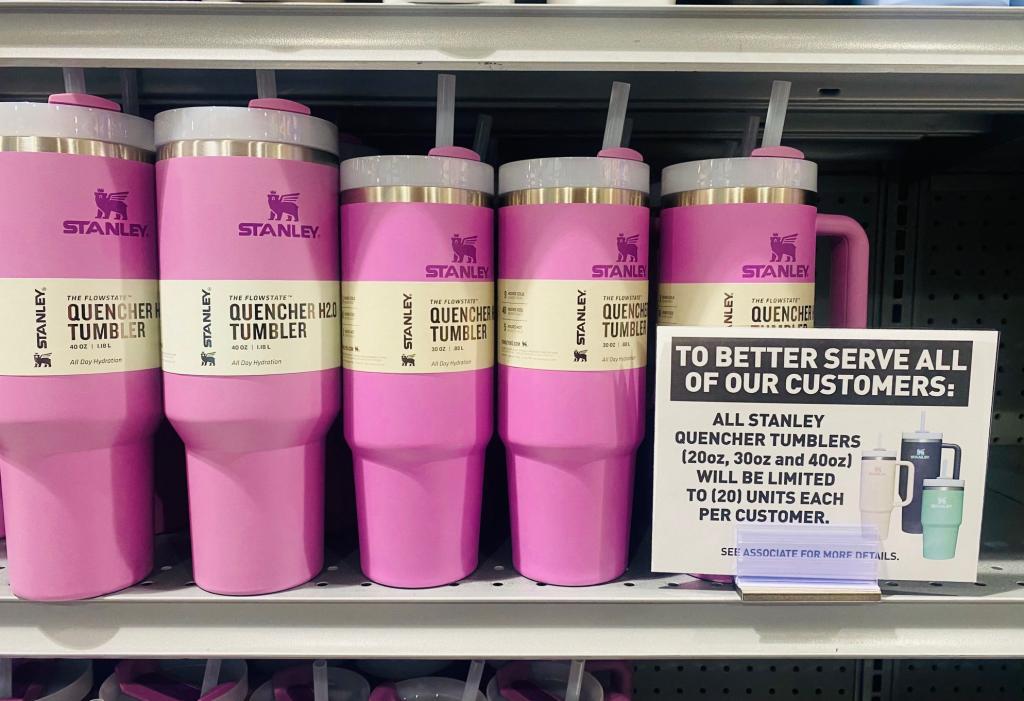 A sign alerts customers to their purchase limit on Stanley water drinking bottles at a sporting goods store in Pasadena, California, on January 24, 2024. Grand theft, customer stampedes and employees being fired for snaffling them: First the internet loved the Stanley Cup, and now the real world is going crazy for it. The insulated drinking cup, which comes in enough different colours to make a decorator blush, is the must-have accessory for people who want to be both stylish and well-hydrated. (Photo by Frederic J. BROWN / AFP) (Photo by FREDERIC J. BROWN/AFP via Getty Images) US-LIFESTYLE-RETAIL-CUP