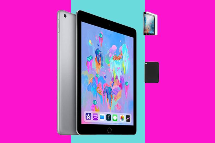 Apple iPad 6th Gen 9.7” 32GB (Refurbished: Wi-Fi Only) + Accessories Bundle on a blue and pink background.