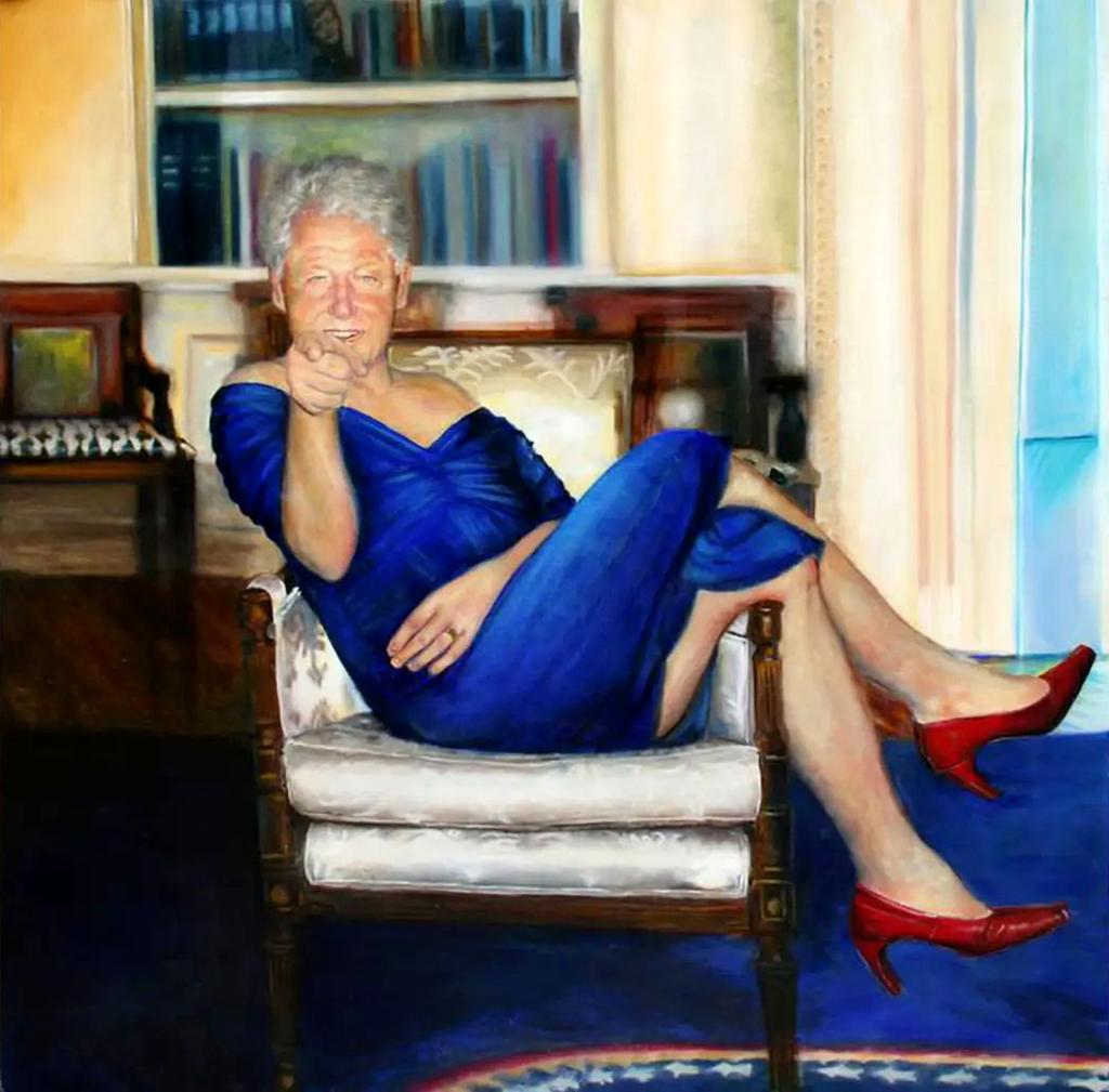 Painting of Bill Clinton in a blue dress.