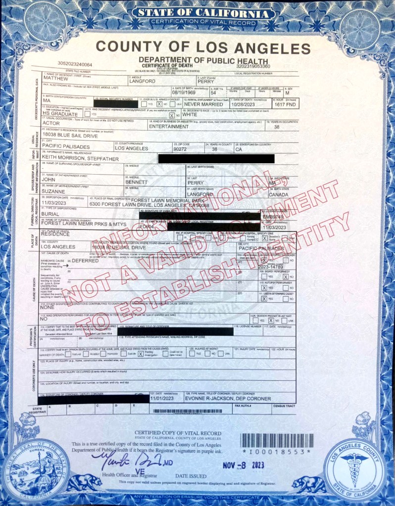 Matthew Perry's death certificate. 