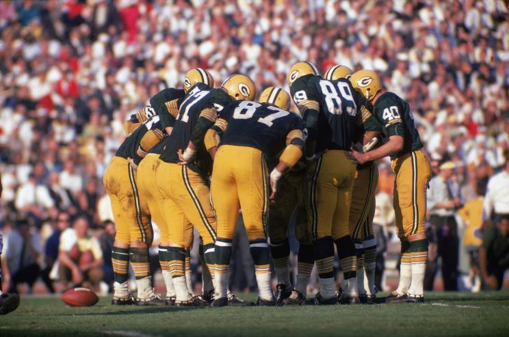 Green Bay Packers huddle at Super Bowl I game on Jan. 15, 1967.