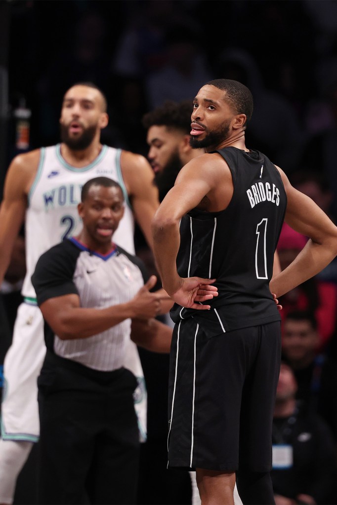 Mikal Bridges reacts after missing a late free throw against the Timberwolves.