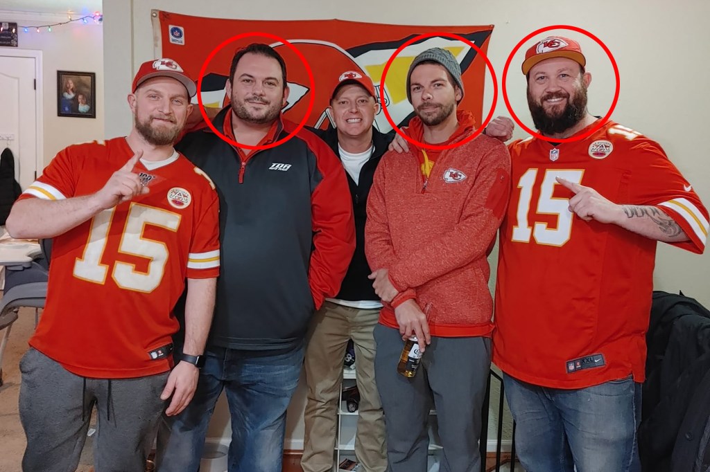 David Harrington (second left), Clayton McGeeney (second right) and Ricky Johnson (right) are shown with two unidentified fellow Chiefs fans, neither of whom is believed to be involved in the mystery