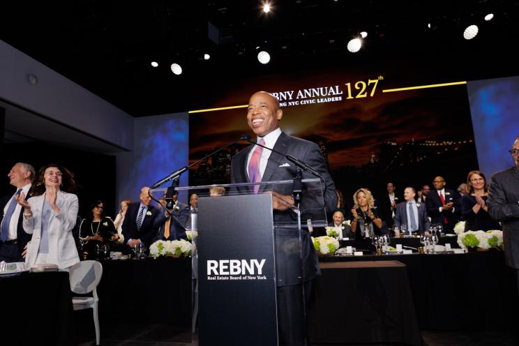 Interior of Mayor Eric Adams addressing the 2023 REBNY crowd.