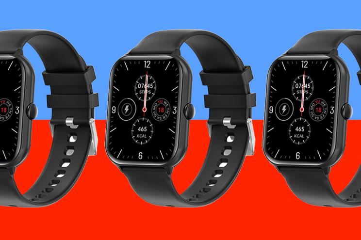 CMax Lite Bluetooth Smartwatches repeat on a blue and red background.