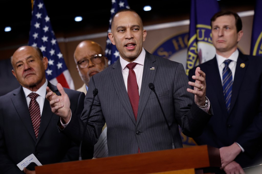 House Minority Leader Hakeem Jeffries (D-NY) (C) speaks during a news conference with Democratic Members of the House Homeland Security Committee (L-R) Rep. Lou Correa (D-CA), Chairman Bennie Thompson (D-MS) and Rep. Dan Goldman (D-NY) at the U.S. Capitol Visitors Center on January 29, 2024 in Washington, DC. 