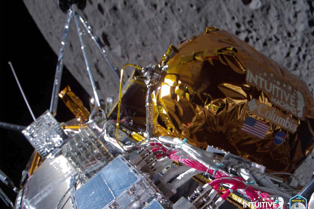 Odysseus lunar lander hovering over the moon's near side in space.