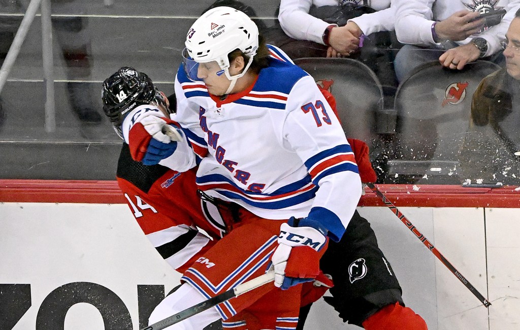 Matt Rempe was ejected for a rough check on Nathan Basitan during the Rangers' 5-1 win over The Devils.