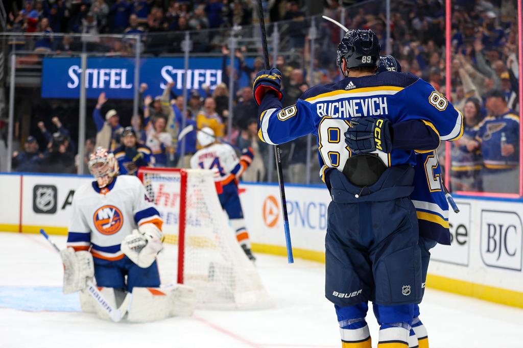 Pavel Buchnevich celebrates after scoring one of his three goals on Semyon Varlamov during the Islanders' 4-0 loss to the Blues.