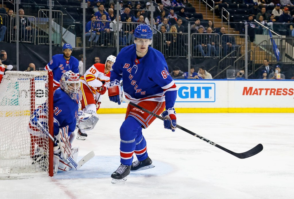 Adam Edstrom #84 of the New York Rangers skates against the Calgary Flames