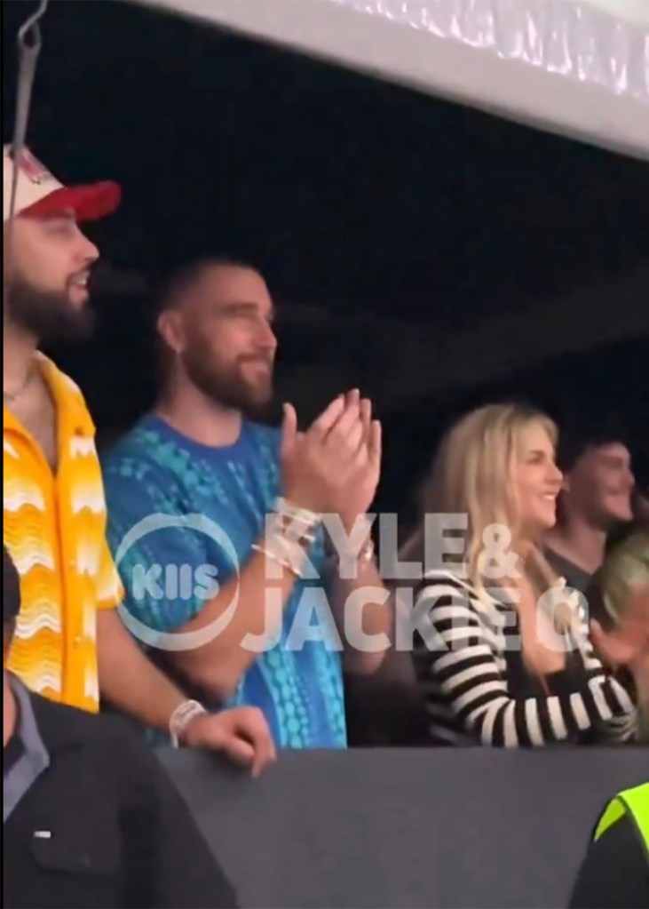 Travis Kelce claps for Taylor Swift at her concert in Sydney, Australia on Friday, Feb. 23, 2024.  