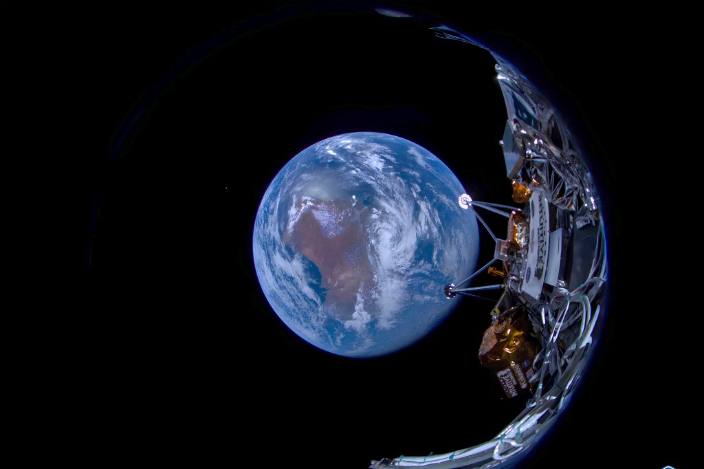 Odysseus lunar lander with Earth in background in space, captured shortly after separation from SpaceX's second stage on Intuitive Machines' journey to the moon.