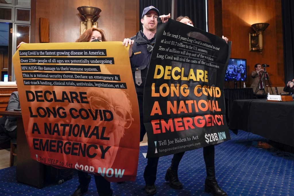 Long COVID occurs when people continue to report symptoms that last for months or even years. Above, protestors gather during a Senate Health, Education, Labor and Pensions hearing to examine long COVID on Capitol Hill in Washington last month. 