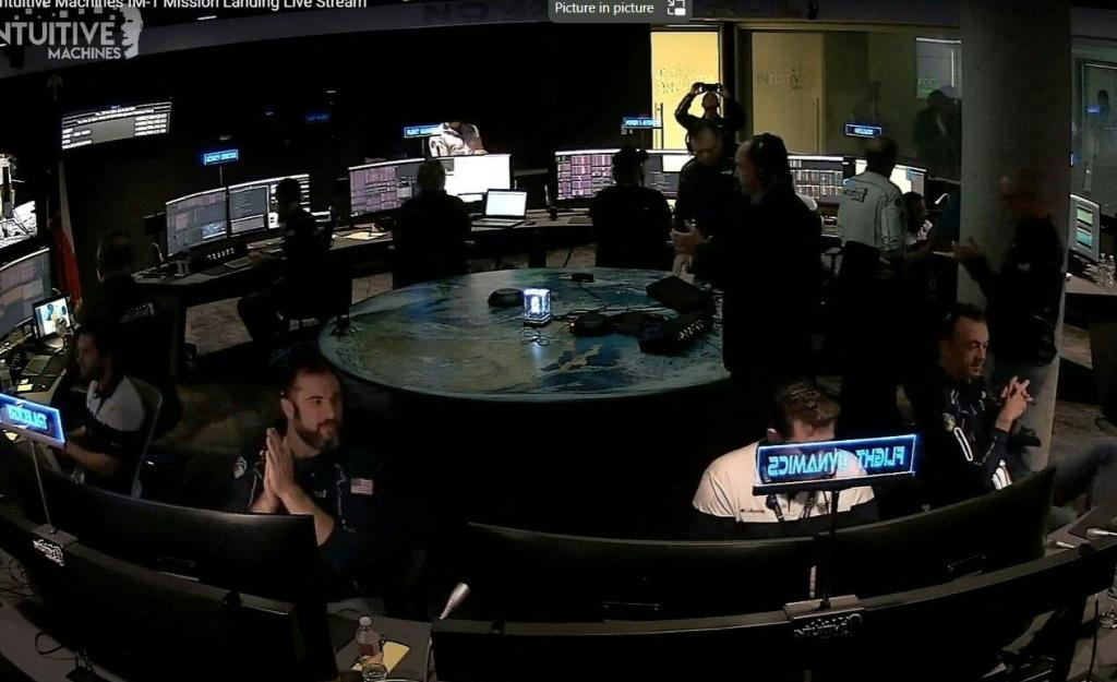 Scorpius Space Launch Company (SSLC) team members reacting as the Intuitive Machines' Odysseus lunar lander touches down on the moon, in Torrance, California, on February 22, 2024.