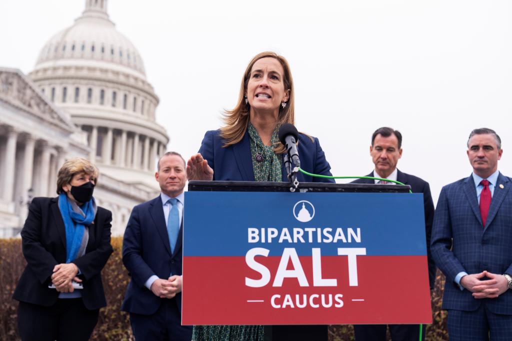 Rep. Mikie Sherrill, D-N.J., conducts a news conference to advocate for inclusion of the state and local tax (SALT) deduction in the Build Back Better Act reconciliation bill, outside the U.S. Capitol on Wednesday, December 8, 2021.