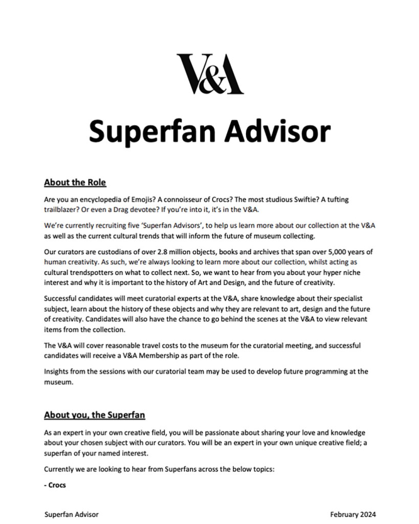 A photo of the museum explaining its Superfan Advisor positions.