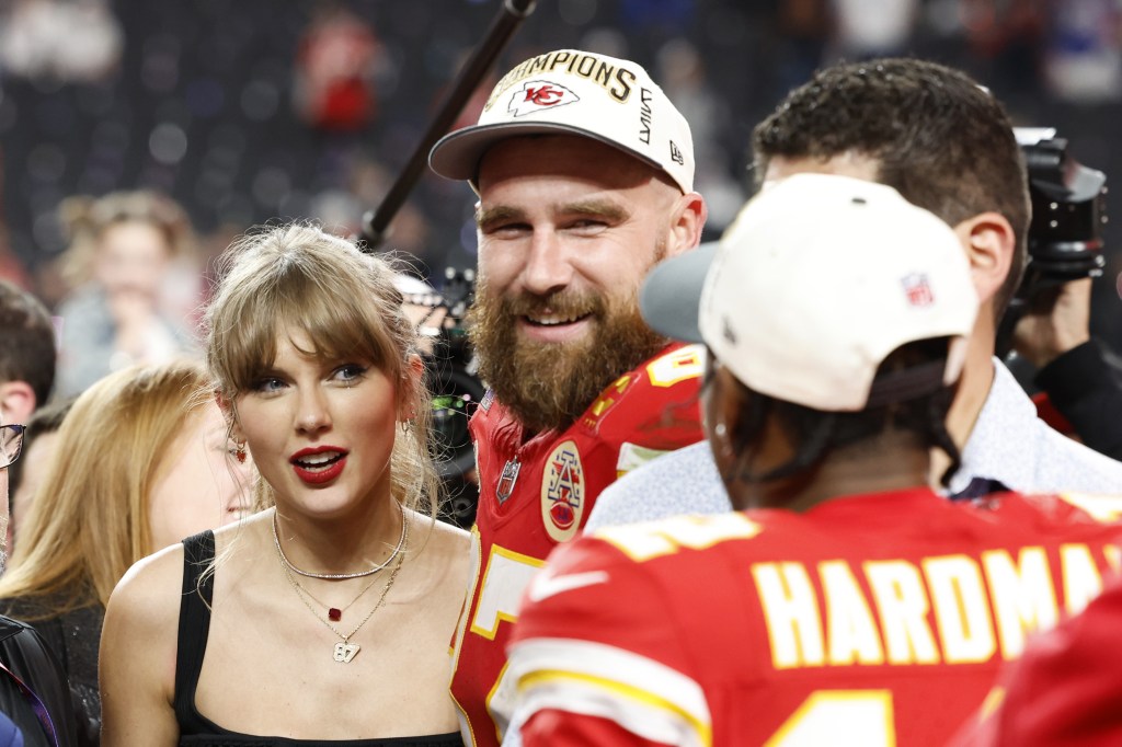 Taylor Swift and Travis Kelce at Super Bowl 2024.