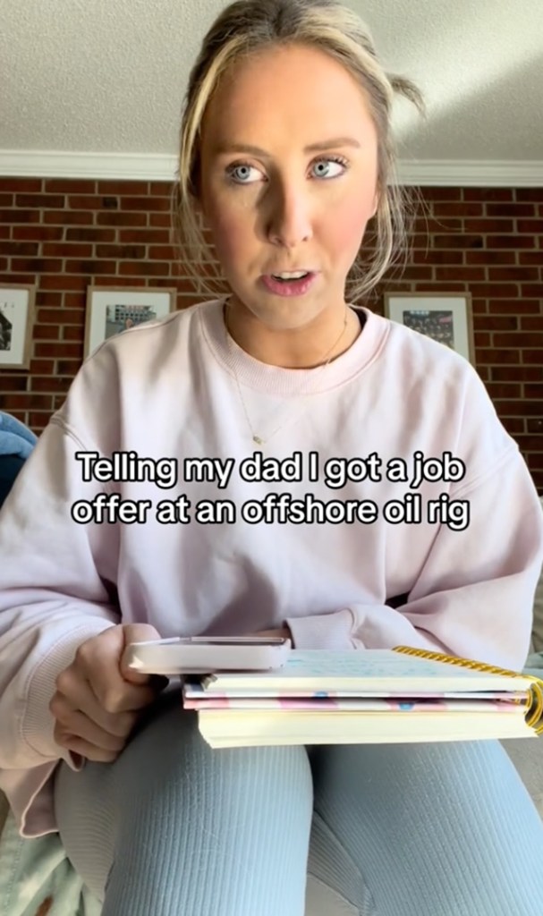 Screenshot of Hannah Pawelski's TikTok titled "Telling my dad I got a job offer at an offshore oil rig"