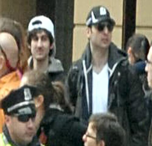 This image shows the two suspects of the Boston Marathon Bombing, Dzhokhar Tsarnaev (left) and   Tamerlan Anzorovich Tsarnaev, during the Boston Marathon on April 15, 2013. 