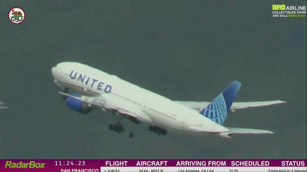 United Airlines Boeing 777 bound for Japan loses a tire as it takes off from San Francisco International Airport, Thursday, March 7, 2024.