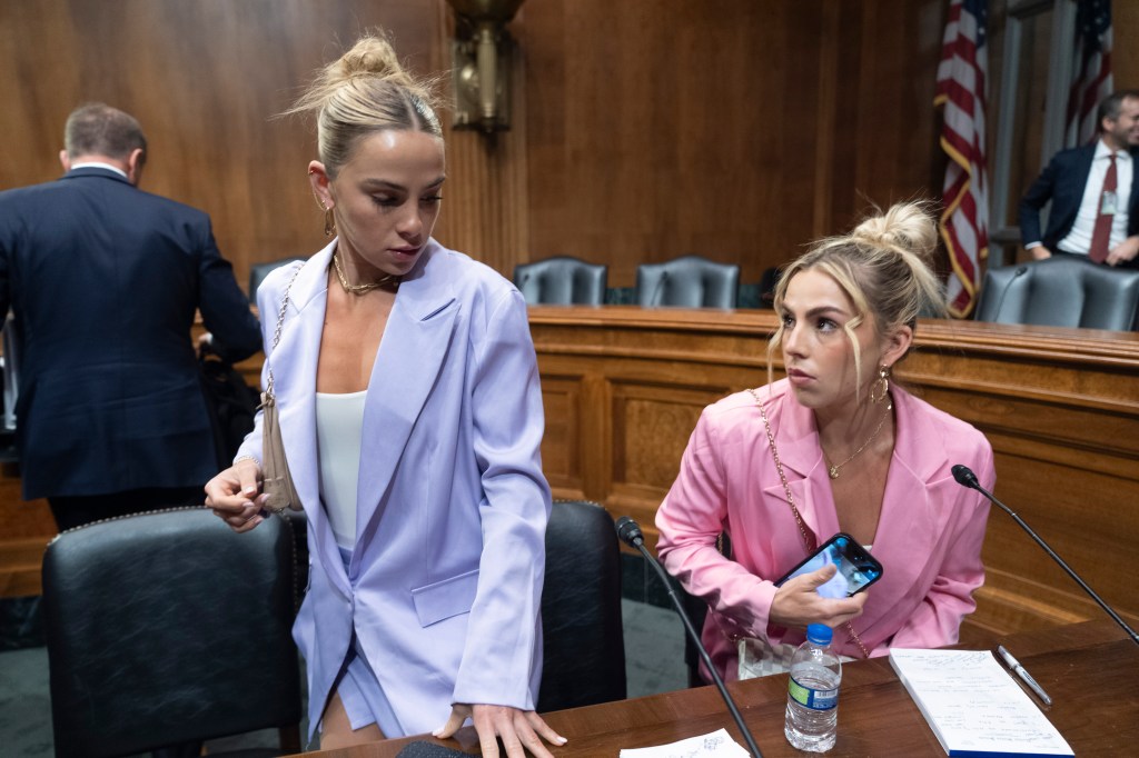 Former University of Miami student athlete Hanna Cavinder and TCU student athlete Haley Cavinder participate in a roundtable on college athletics in Washington.