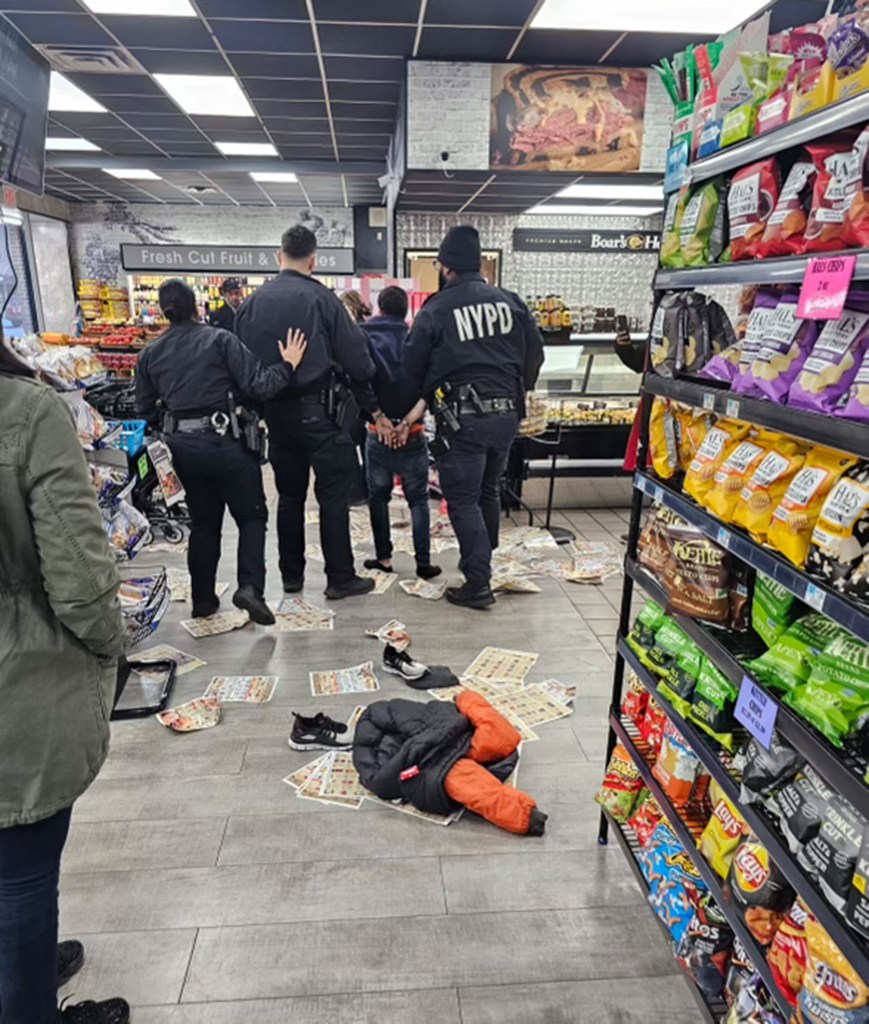 The aftermath of a shoplifter taken down in a supermarket owned by John Casamatidis.