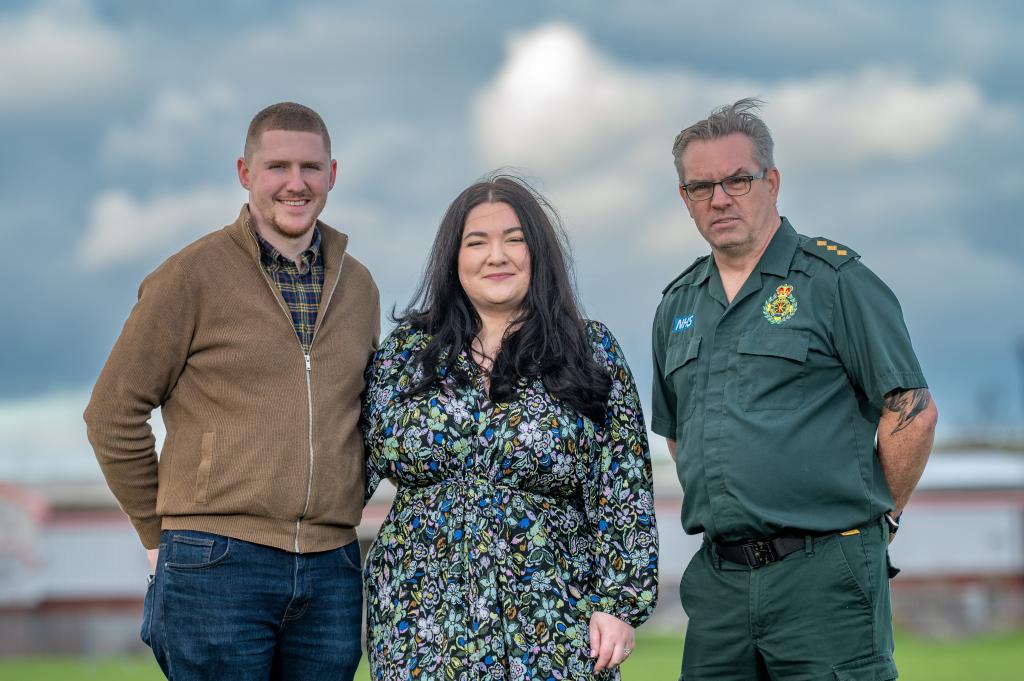 Daisy Devane, middle, lost consciousness in her Bedfordshire home in 2022. Her partner, Eammon, left, performed CPR before Jeremy Williams, right, and the rest of the East of England Ambulance Service Trust's crews arrived.