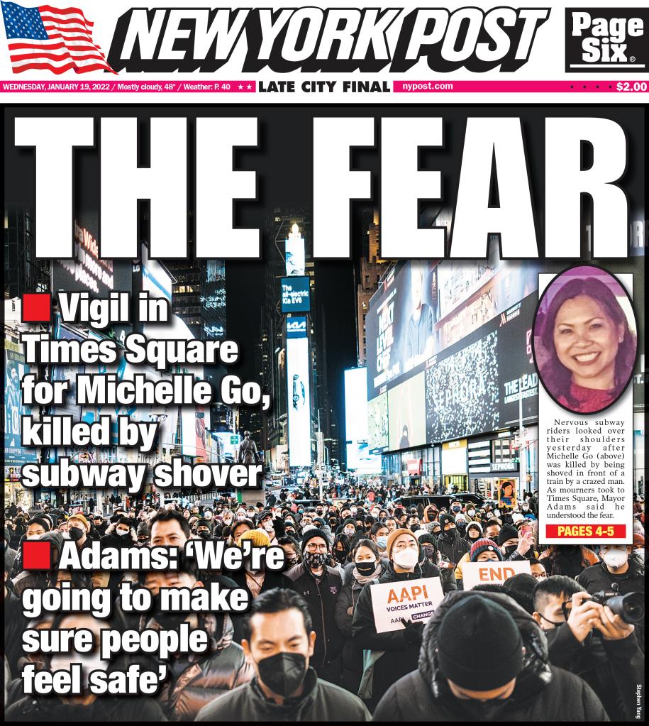 The New York Post's front cover from January 19, 2022 after a vigil for Michelle Go was held in Times Square.