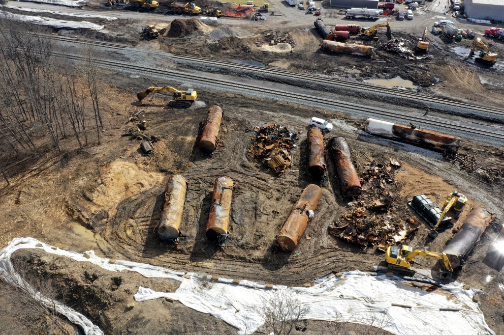 A view of the scene Friday, Feb. 24, 2023, as the cleanup continues at the site of a Norfolk Southern freight train derailment that happened on Feb. 3 in East Palestine, Ohio. 