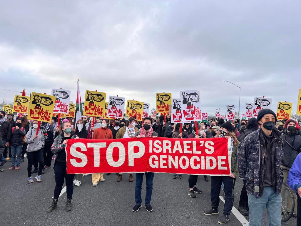 Anti-Israel protestors marching down Interstate 880 in Oakland.