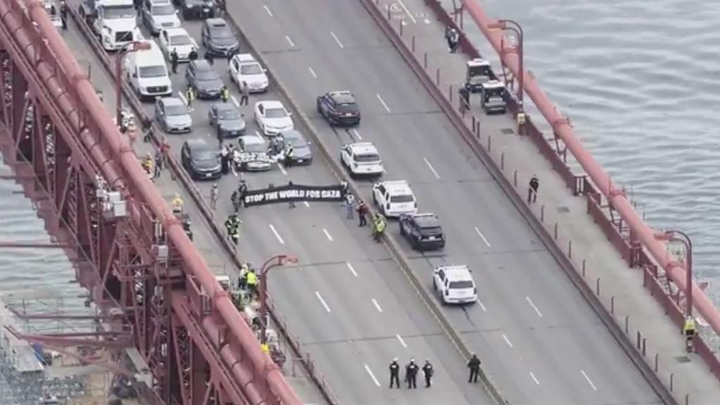 Protestors blocking traffic on the Golden Gate Bridge in San Francisco on April 15, 2024.