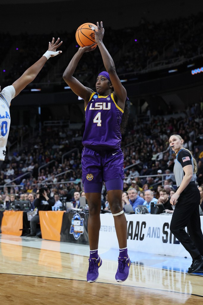 Flau'jae Johnson #4 of the LSU Tigers shoots against the UCLA Bruins during the second half in the Sweet 16 round of the NCAA Women's Basketball Tournament at MVP Arena on March 30, 2024 in Albany, New York. 