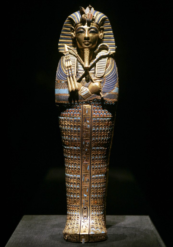 "Coffinette for the Viscera of Tutankhamun," which contained the mummified liver of the king, depicts him as Osiris, holding a crook and flail