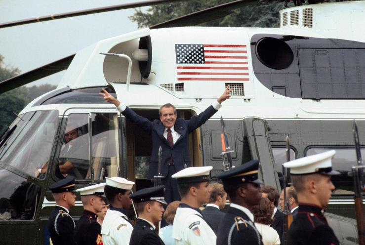 With his resignation soon to take effect, Richard Nixon leaves the White House one last time as he boards Army One on Aug. 9, 1974.