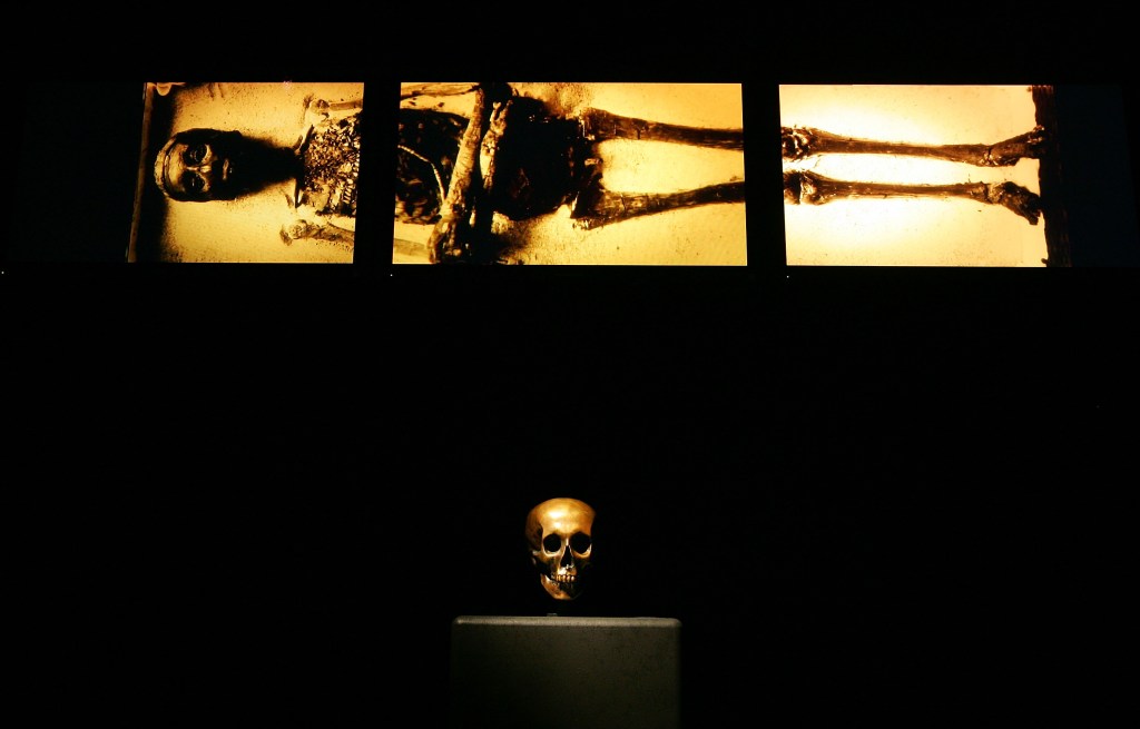 Medical imagery of Tutankhamun is shown above a replica of King Tut's skull while on display during the "Tutankhamun And The Golden Age Of The Pharaohs" Exhibit Opening at the Los Angeles County Museum of Art (LACMA) on June 15, 2005 in Los Angeles, California.