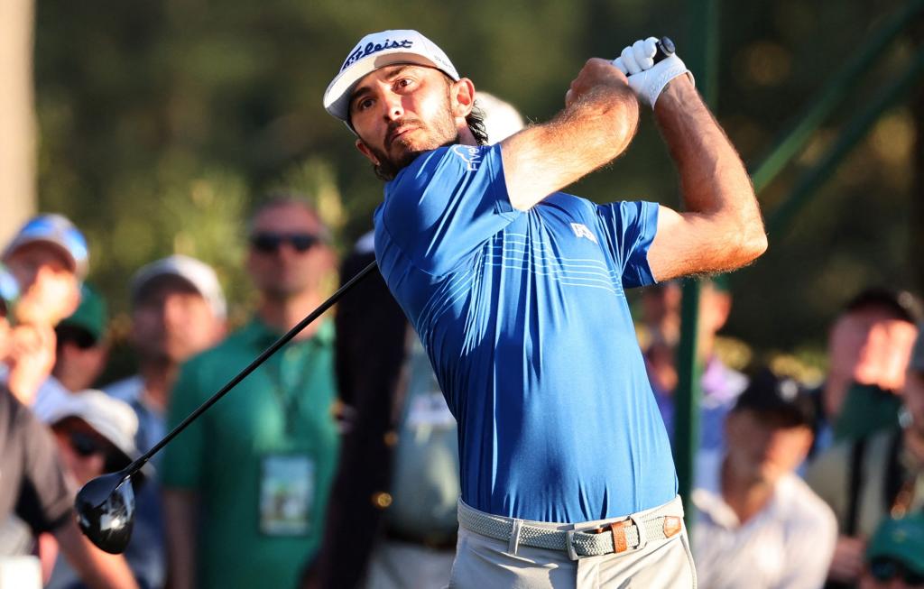 Max Homa hits a drive on the 18th hole during the third round of the Masters.