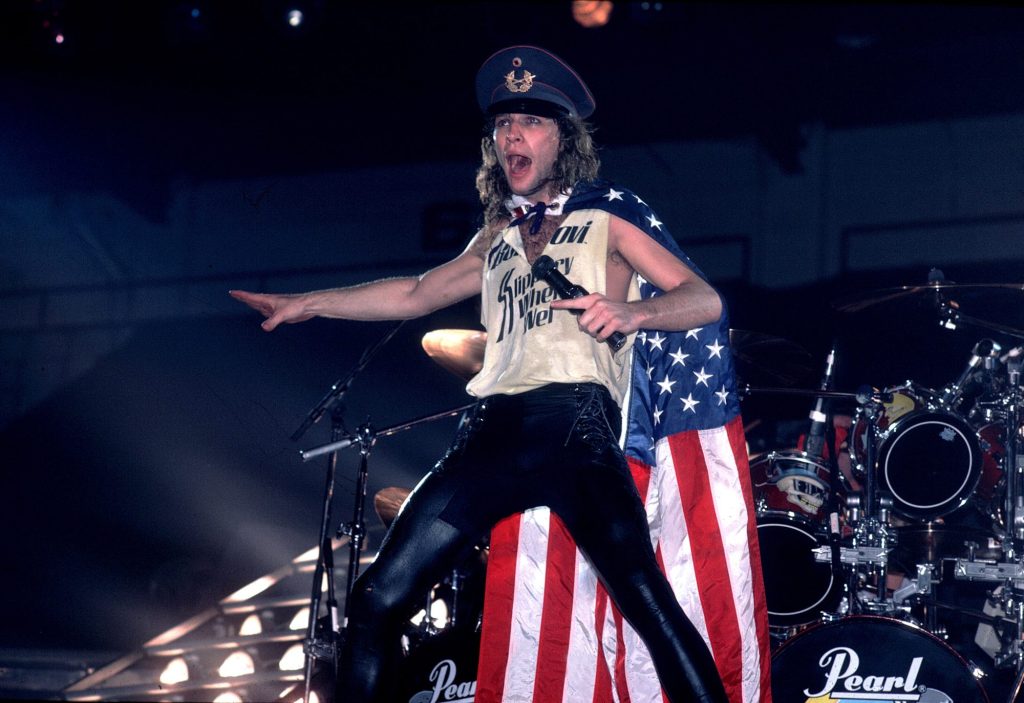 Jon Bon Jovi performing on stage in Illinois, March 1987