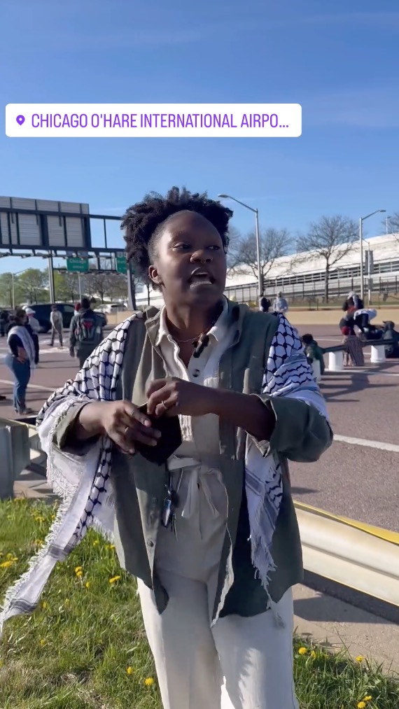 Instagram video shows Pro-Palestinian protesters blocking all I-190 lanes into O'Hare International Airport, prompting some travelers to get out of their cars to walk to the terminals Monday, April 15, 2024.