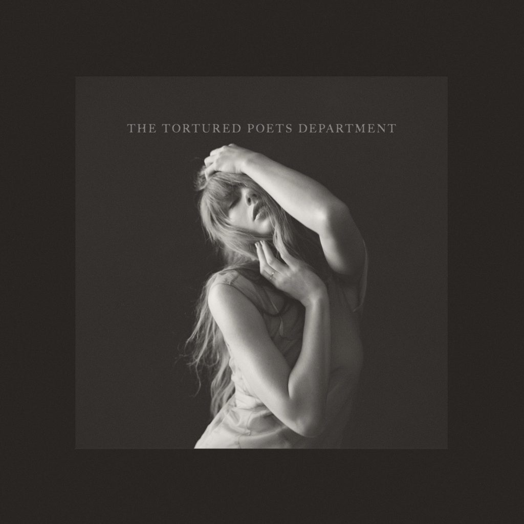 Taylor Swift with her hands on her head on the cover of her new album 'The Tortured Poets Department'