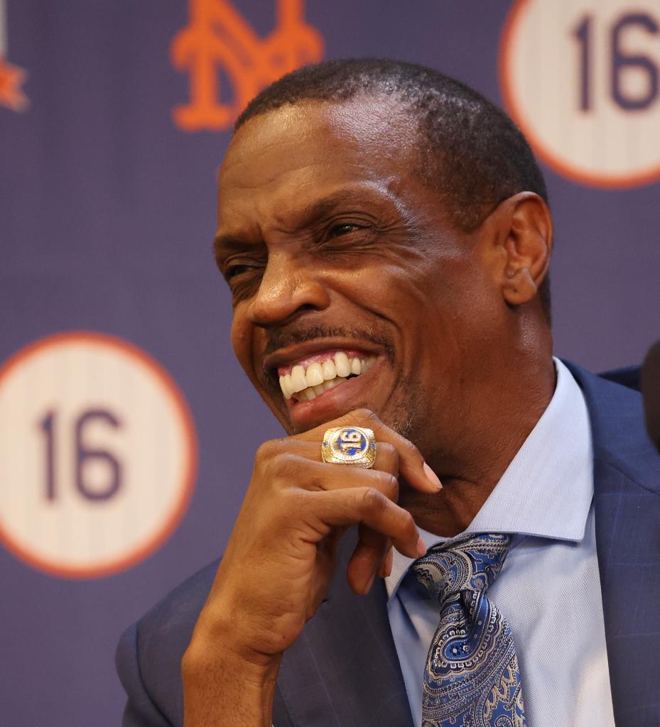 Dwight Gooden smiles during a press conference before his Mets number retirement ceremony.