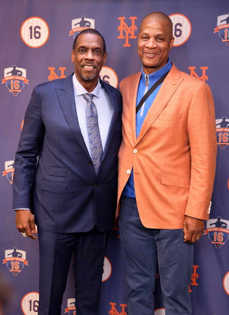 Dwight Gooden (l.) posing with Darryl Strawberry (r.) during a press conference at Citi Field, where the Mets retired Dwight Gooden's jersey #16 before Sunday's game.