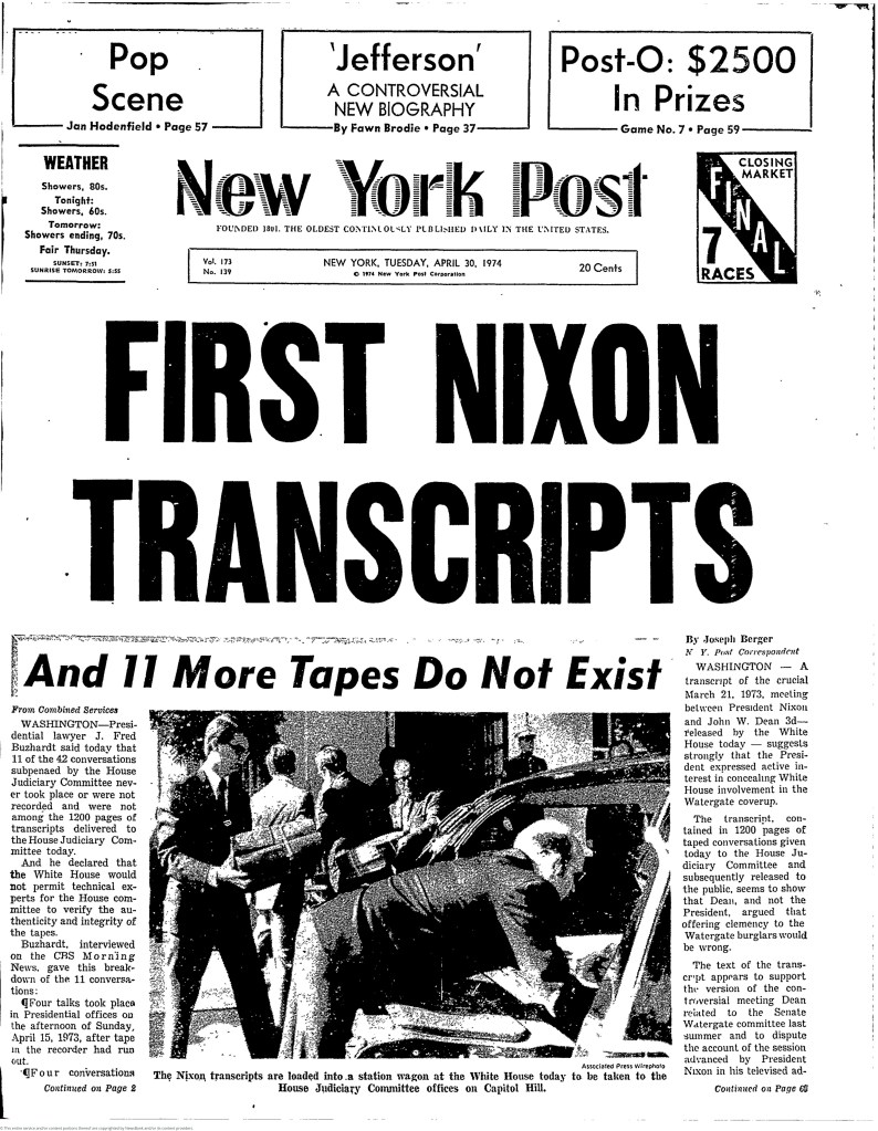 The cover of the New York Post on April 30, 1974 — the day after the the Watergate Tapes were first released.