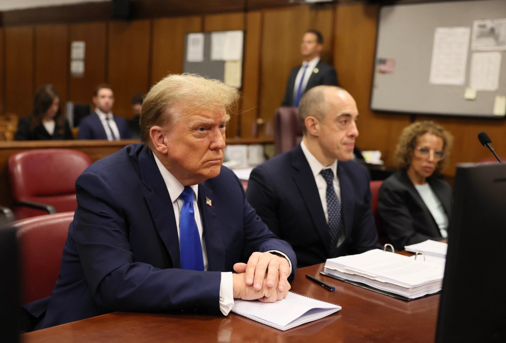  Former U.S. President Donald Trump sits in the courtroom during his trial over charges that he falsified business records to conceal money paid to silence porn star Stormy Daniels in 2016.